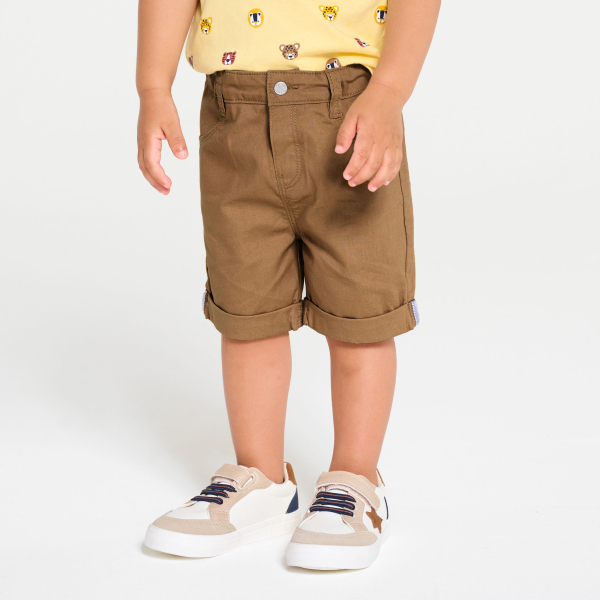 شورت برمودا من القطن المزخرف، بقصة مستقيمة وباللون البني، للفتيان الصغار